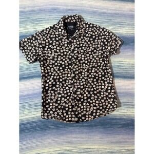 Monument Floral Button Up Shirt Mens Medium Black Cotton Short Sleeve Casual